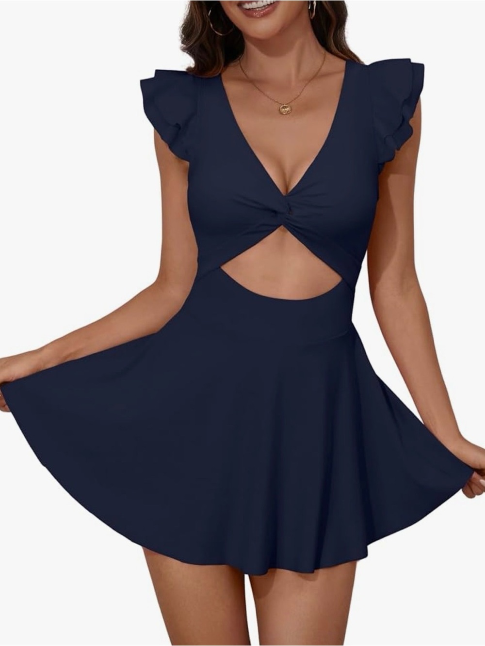 Women's One Piece Navy Swimdress Ruffle sleeves Cutout w/Skirt Tummy Control SzM